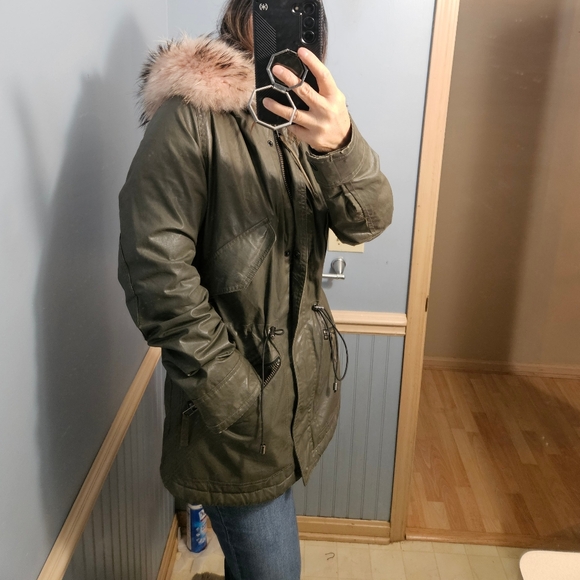 SAM. New York Women's Coat Size S PINK RACCOON FUR HOODIE Army Green Jacket - Picture 11 of 15